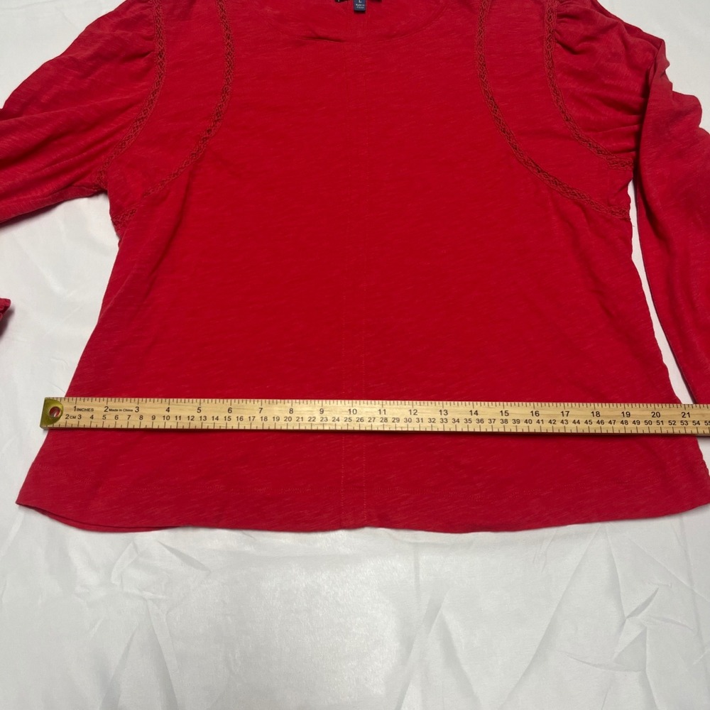 Democracy Womens Red Slub Knit Crochet Lace Trim Puff Sleeve Top Size L - Picture 3 of 6